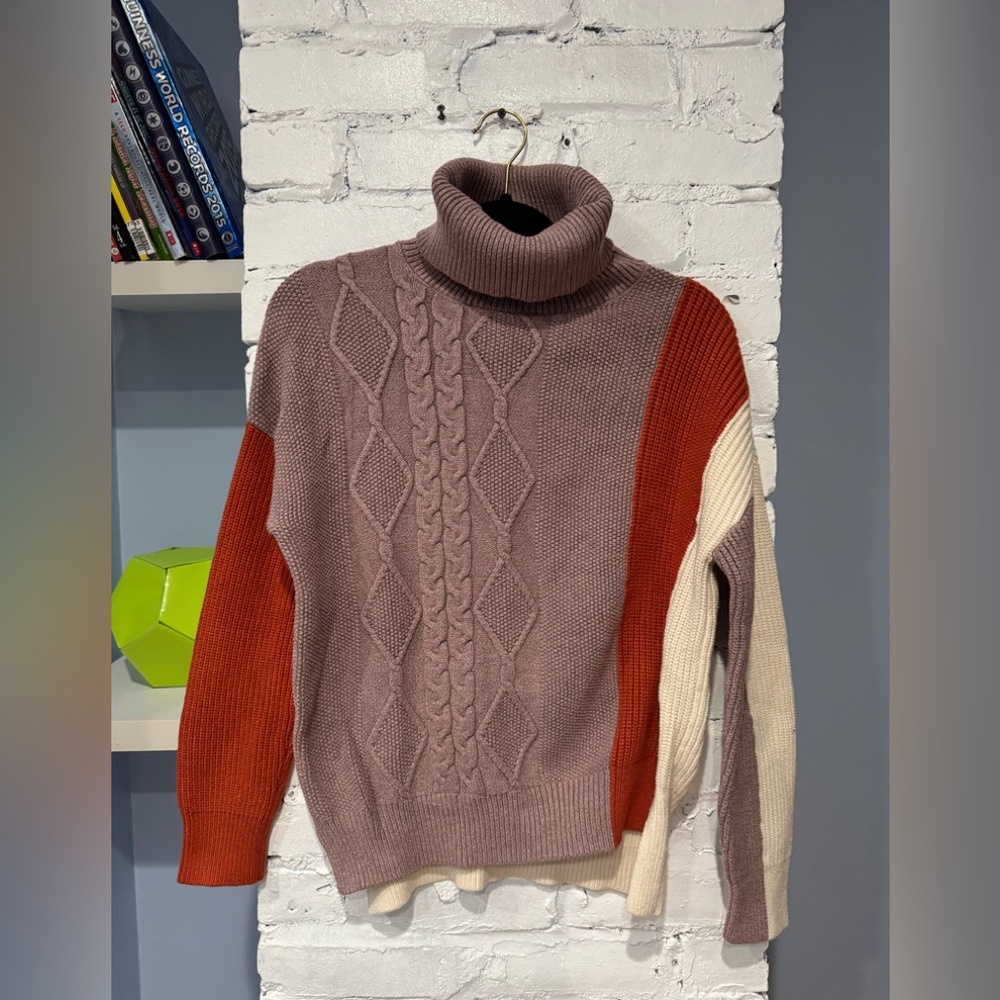 C+D+M Womens M Cream Colorblock Cable Knit Tunic Sweater Turtleneck Long Sleeve